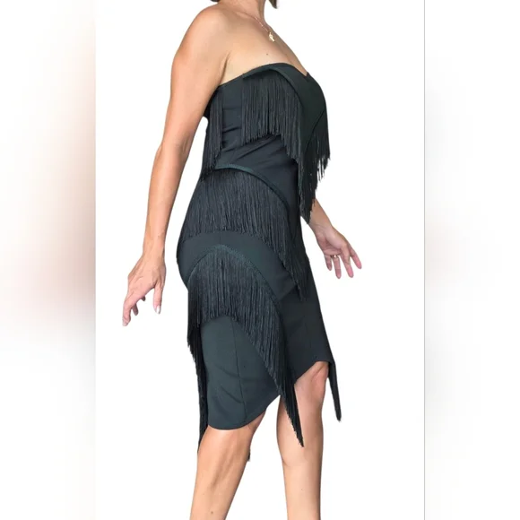 Emerald‎ Green Strapless Fringe Mini Dress Sz M Bandage Fitted Sweetheart Neck - Picture 5 of 11